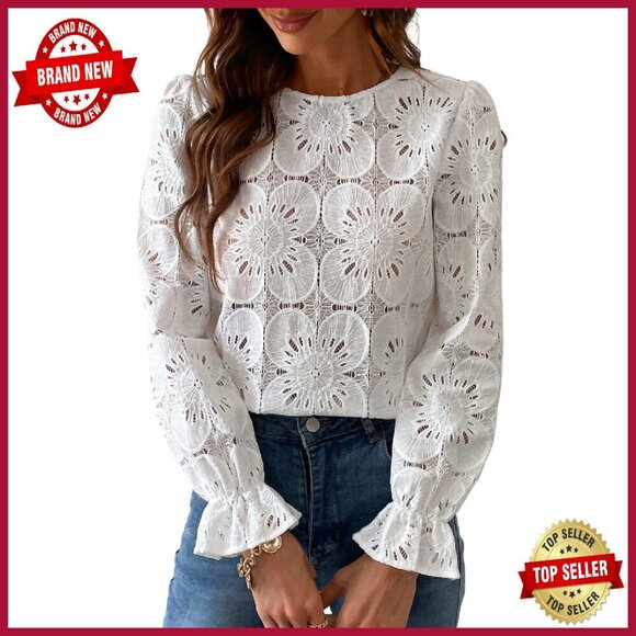 Tops - Long Sleeve Eyelet Lace Blouse, Loose Fit, 60% Cotton 40% Nylon